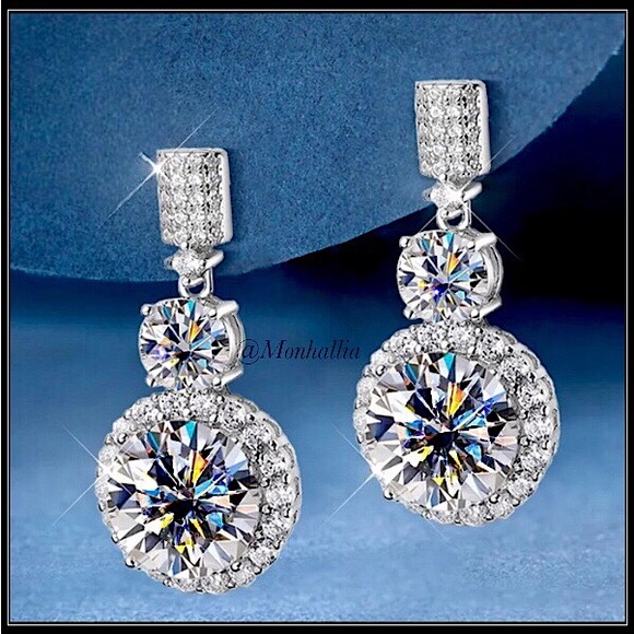 New 6CT Simulated Diamond Halo Silver Platinum Chandelier Earrings - Picture 3 of 7